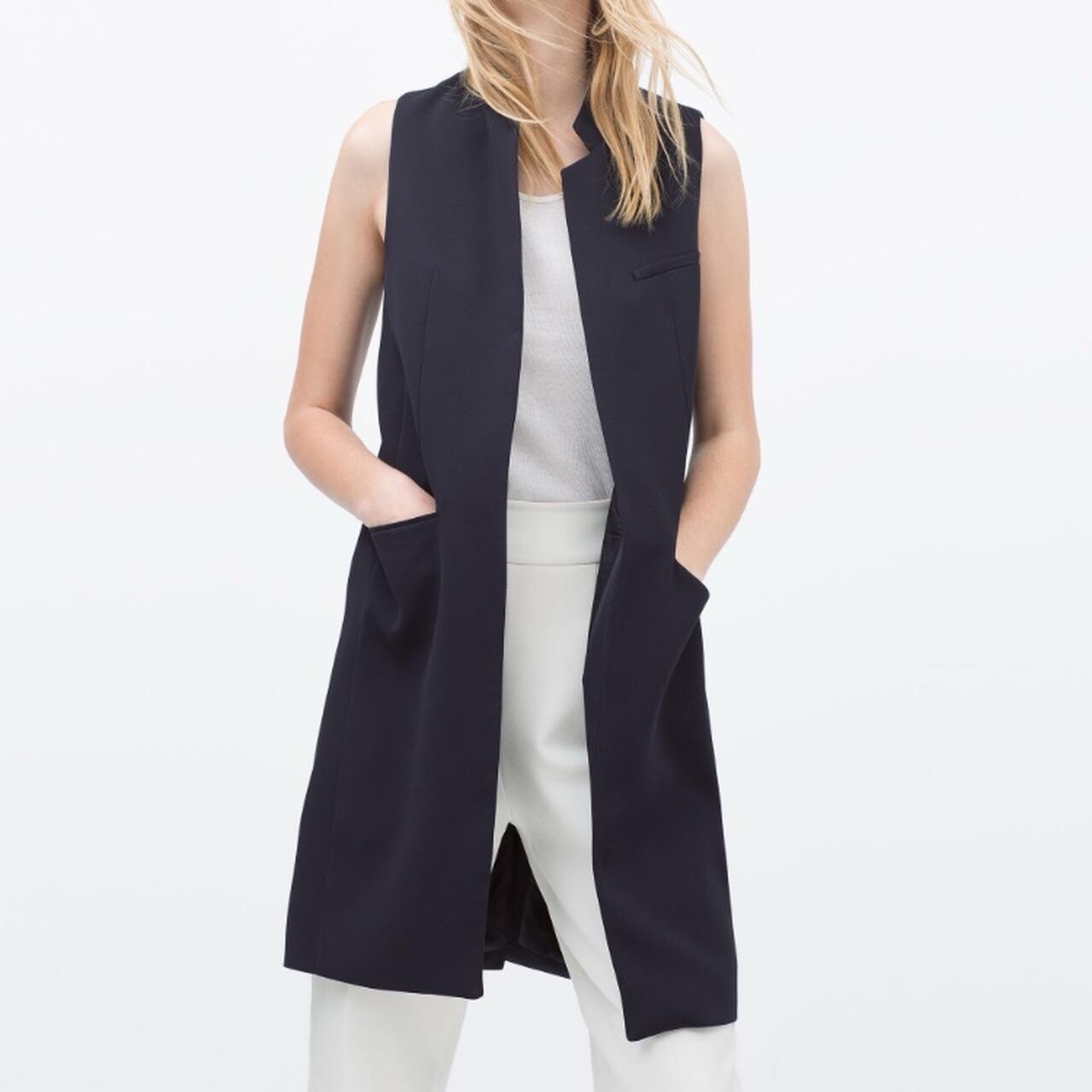 Zara Black Long Waistcoat Vest Open No Closure Sleeveless Blazer Size S Au 6 8