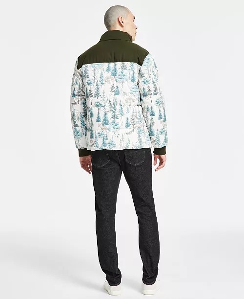 Sun + Stone Men’s Insulated Quilted Puffer Jacket Forest Tree Print Winter Coat