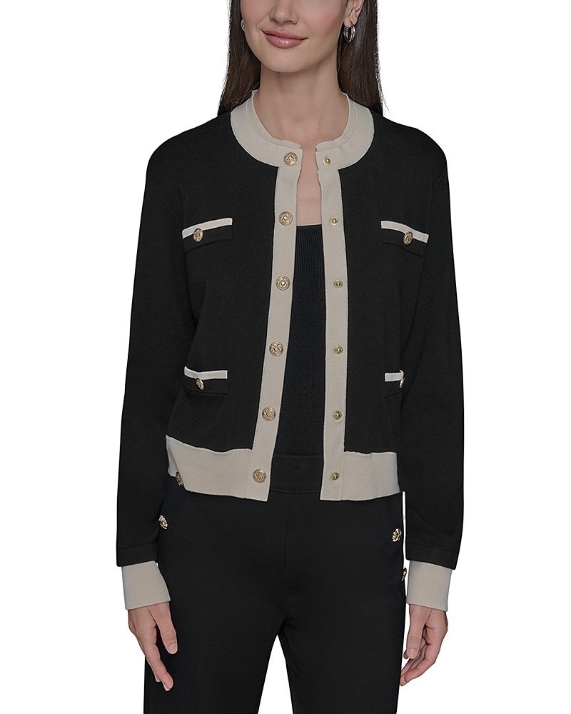 KARL LAGERFELD PARIS Contrast Trim Cardigan Women’s M Blck/Birch Long Sleeve