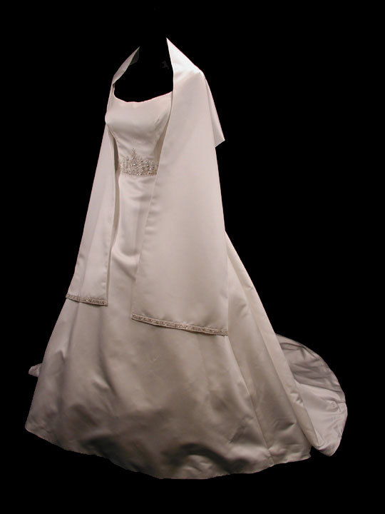 Classic Couture Satin A-Line Mon Cheri Bridal Gown Wedding Dress 12 + Shawl