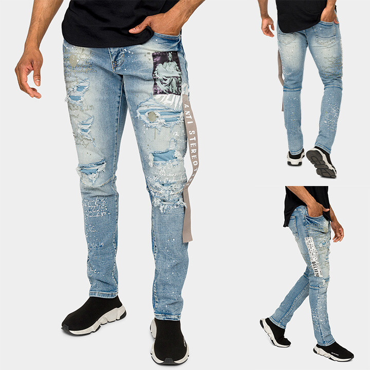 G-Style USA Men’s Casual Collage Patch Paint Splatter Faded Denim Jeans SJP21263