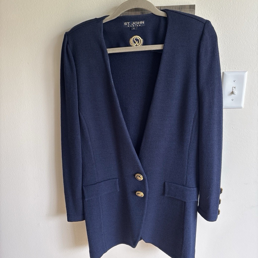 St. John Basics Women’s Blue Solid Button-Front Blazer Jacket w/ Pockets Size 10