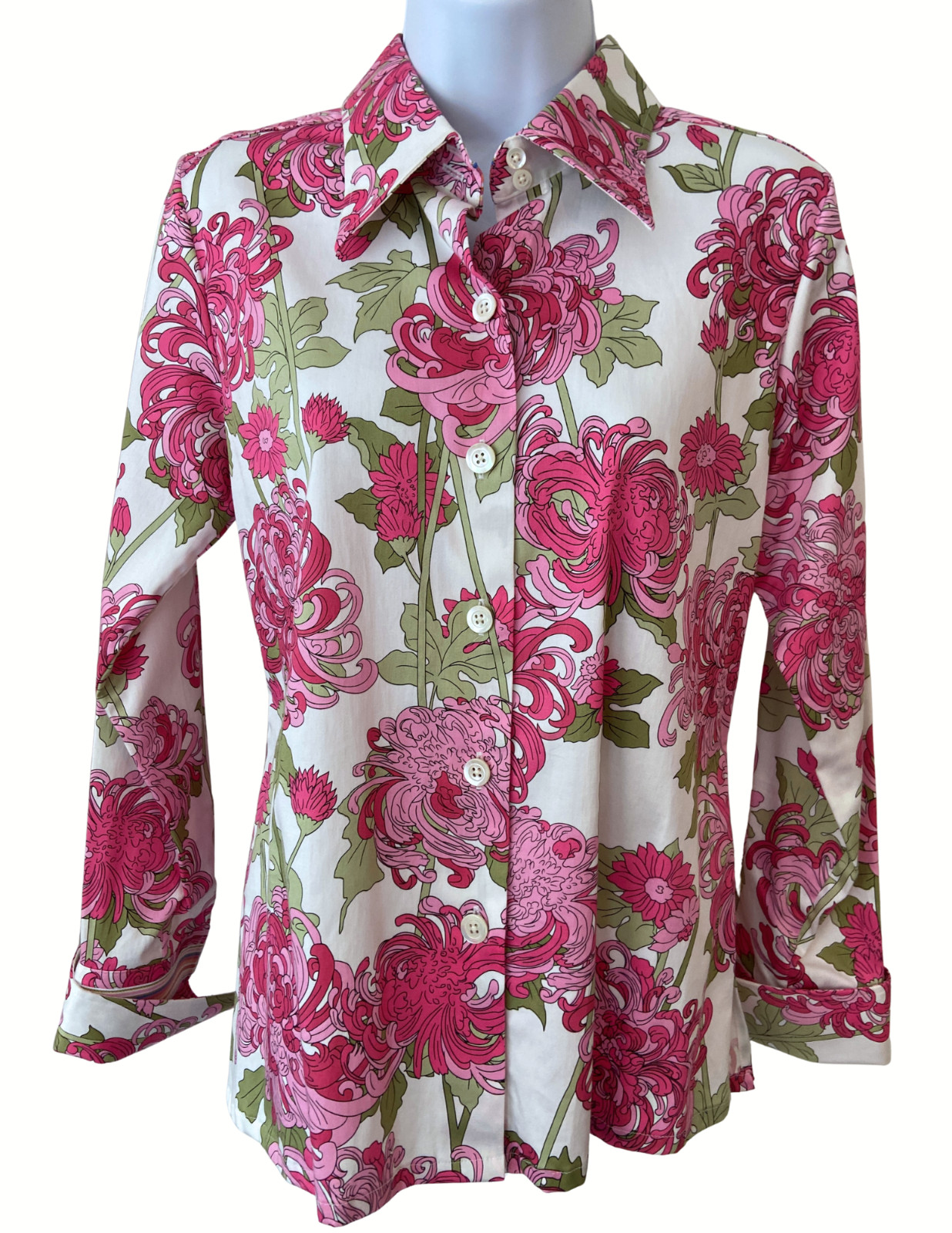 Talbots Blouse Top Button Down Front Bright Pink Floral French Cuffs Sz 4 Petite
