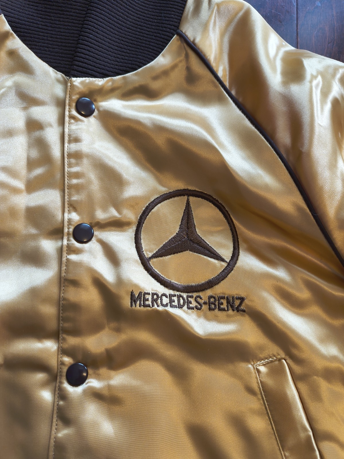 Vintage 1980s Mercedes-Benz Satin Bomber Jacket Gold F1 Racing Made in USA Small