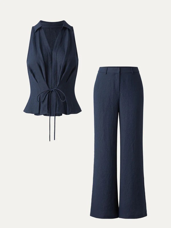 OGL 2Pcs Set Collared V-neck Sleeveless Top & Mid Rise Flared Pant with Pockets