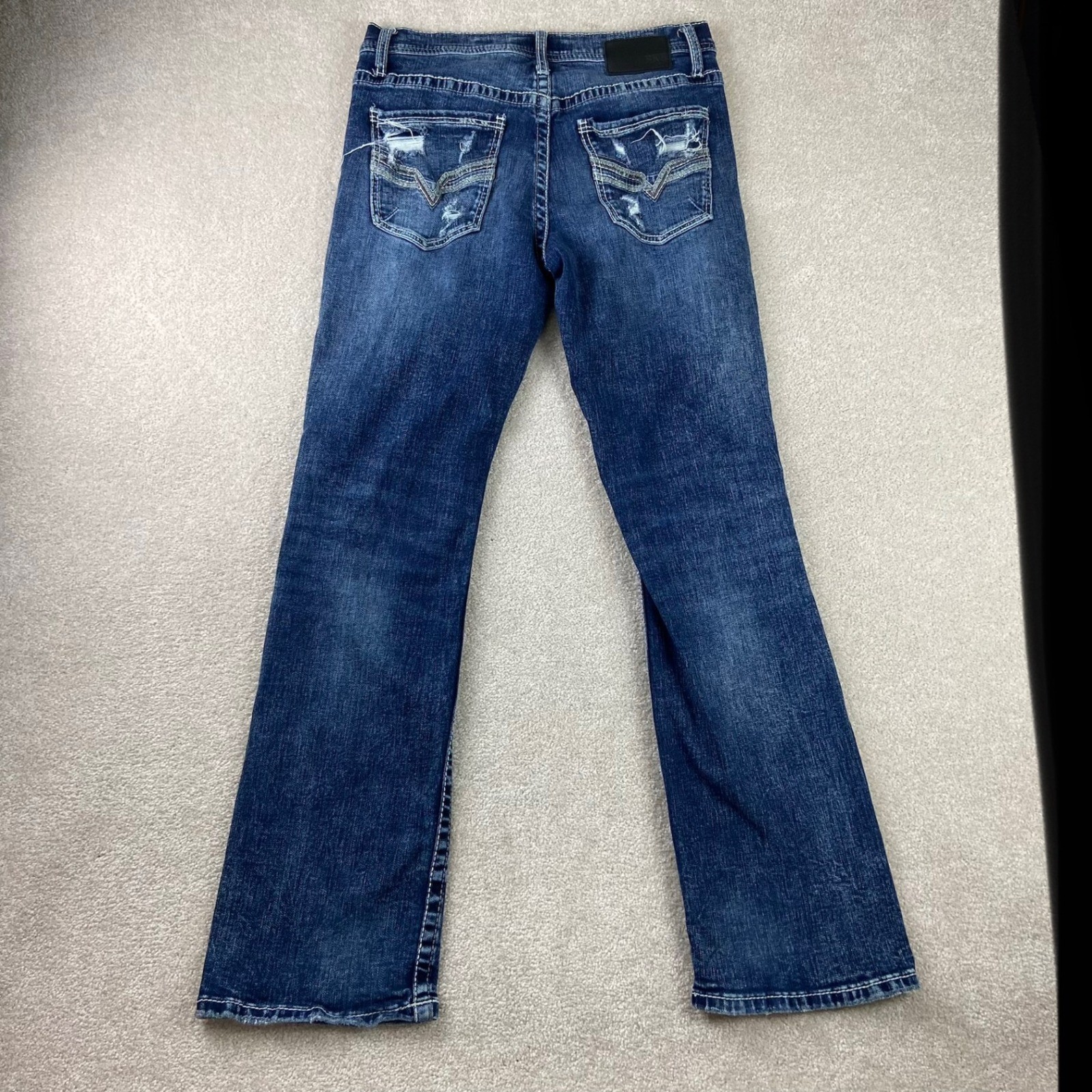 BKE Jake Jeans Mens 32×34 Blue Distressed Bootcut Dark Wash Stretch Denim