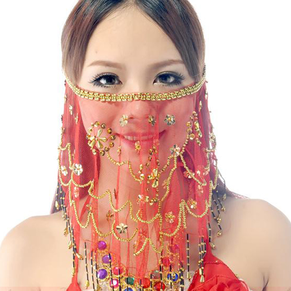 Belly Dance Face veil Shawl Scarf Transparent Face Cloth with Beads and Sequins
