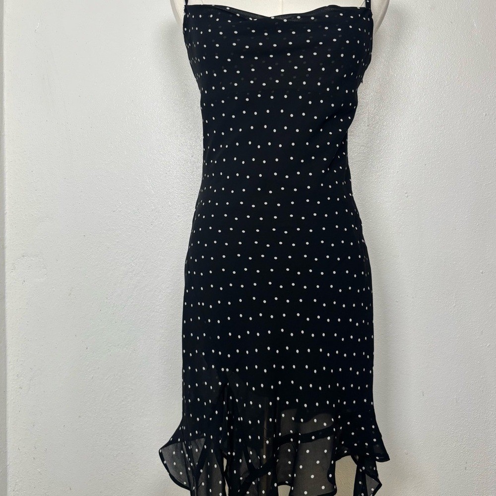 jessica simpson y2k 2000s black & white polkadot dress ruffle asymmetrical chic