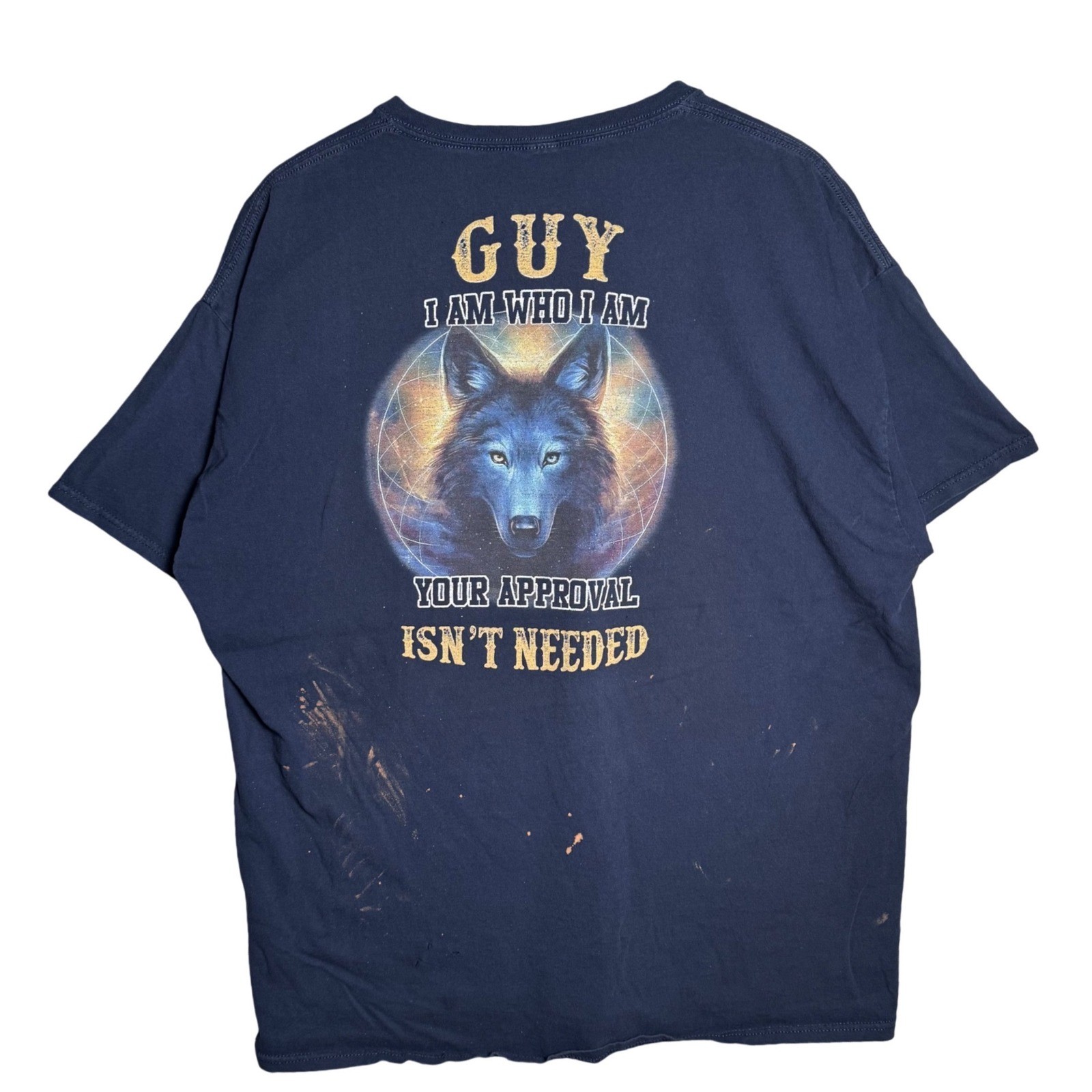 Navy Blue Wolf Graphic Tee Guy I Am Who I Am Distressed Short Sleeve T-Shirt