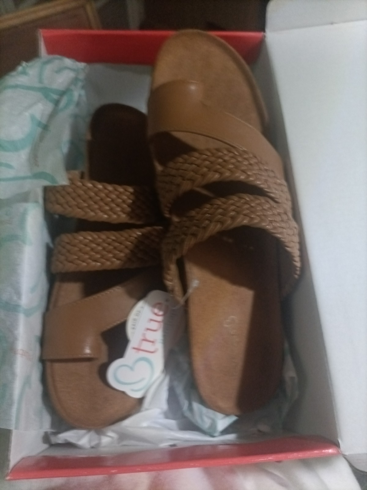 Baretraps Women’s Caramel Leather Slide Wedge Sandals Braided Comfort 9M NIB