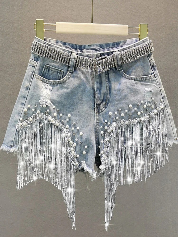 2025 Party Dance Shorts Tassel Beading Casual Jeans Women Celebrate Shiny Beads