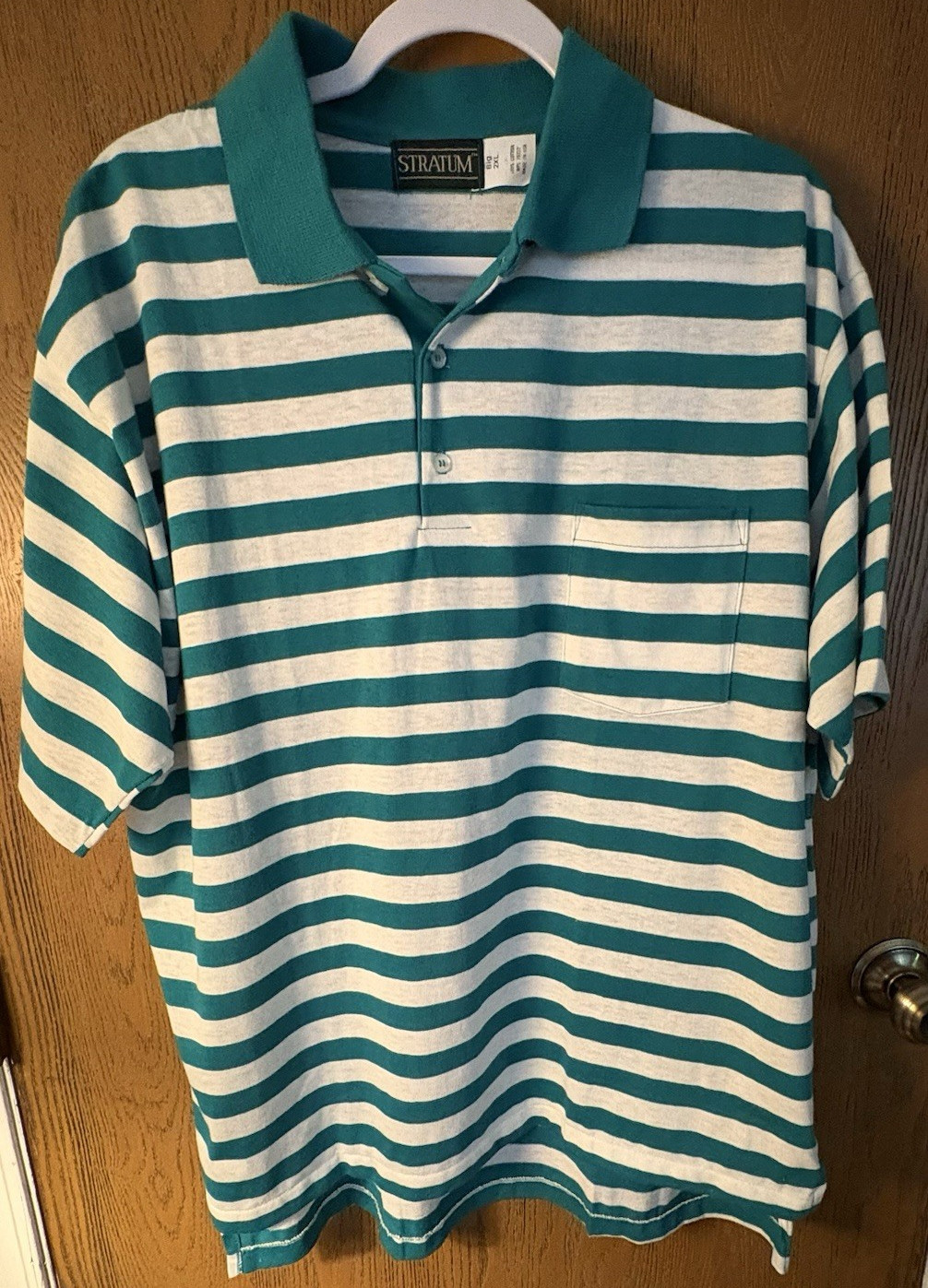 Stratum Men’s Big & Tall 2XL Cotton Polo Green/White Striped SS Collared Pocket
