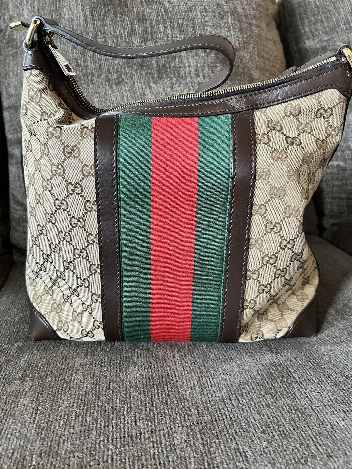 Gucci GG Web Stripe Shoulder Bag, Zip Closure, Gold Hardware, Lined, Pockets