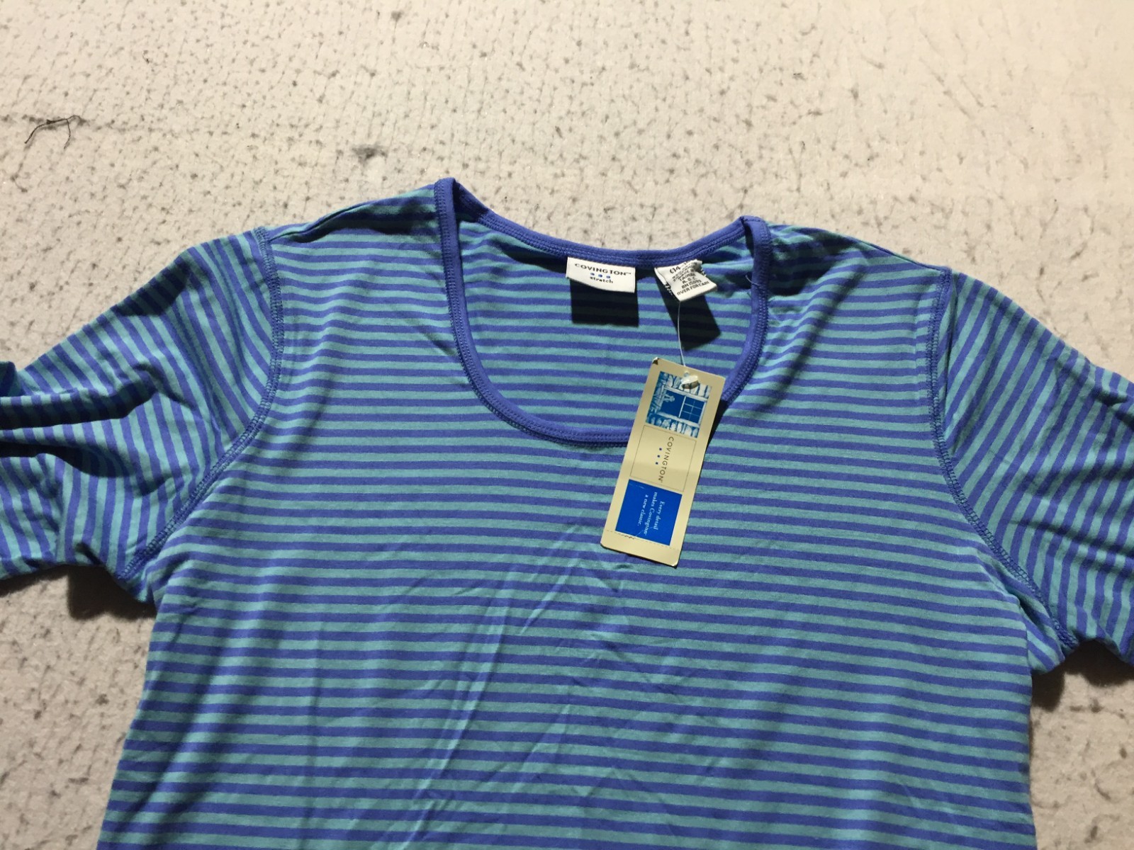 NEW Covington Stretch Shirt Womens L Large 14-16 Blue Striped Long Sleeve Scoop