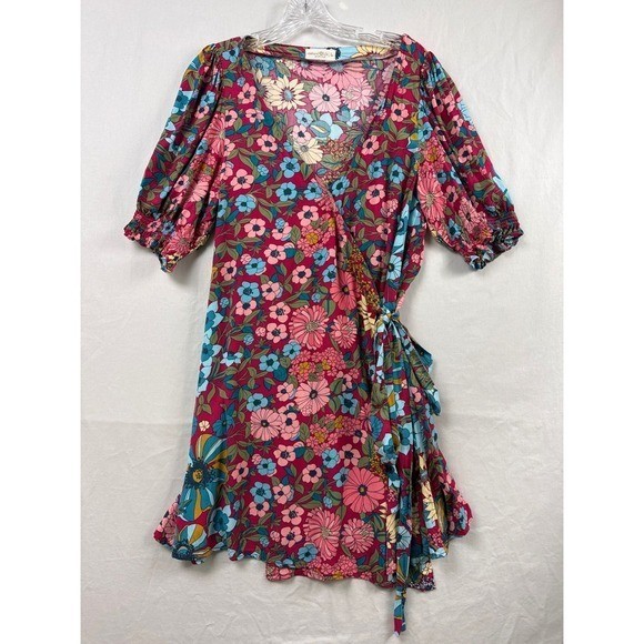 Natural Life Wrap Dress Women Large Pink Floral Puff Sleeve Boho Mini Resortcore