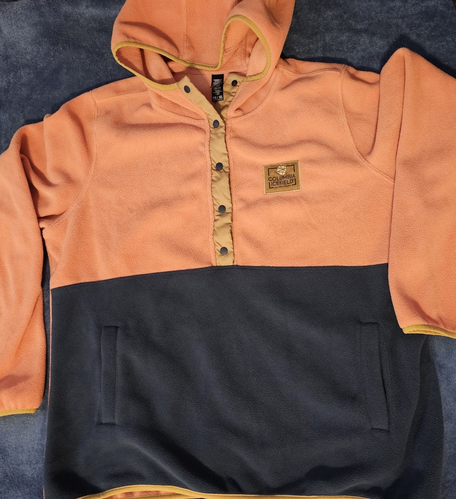 Columbia Icefield CA Orange & Charcoal Gray Fleece Hoodie Snap-button Pocket XL