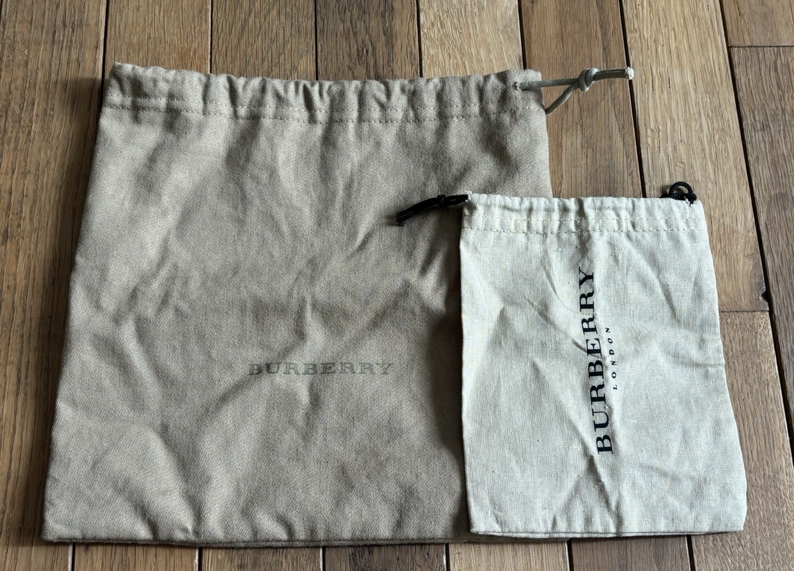(2) BURBERRY Tan/Beige Drawstring Dust Cover Bags – 10”x10” & 6.75”x5.25”