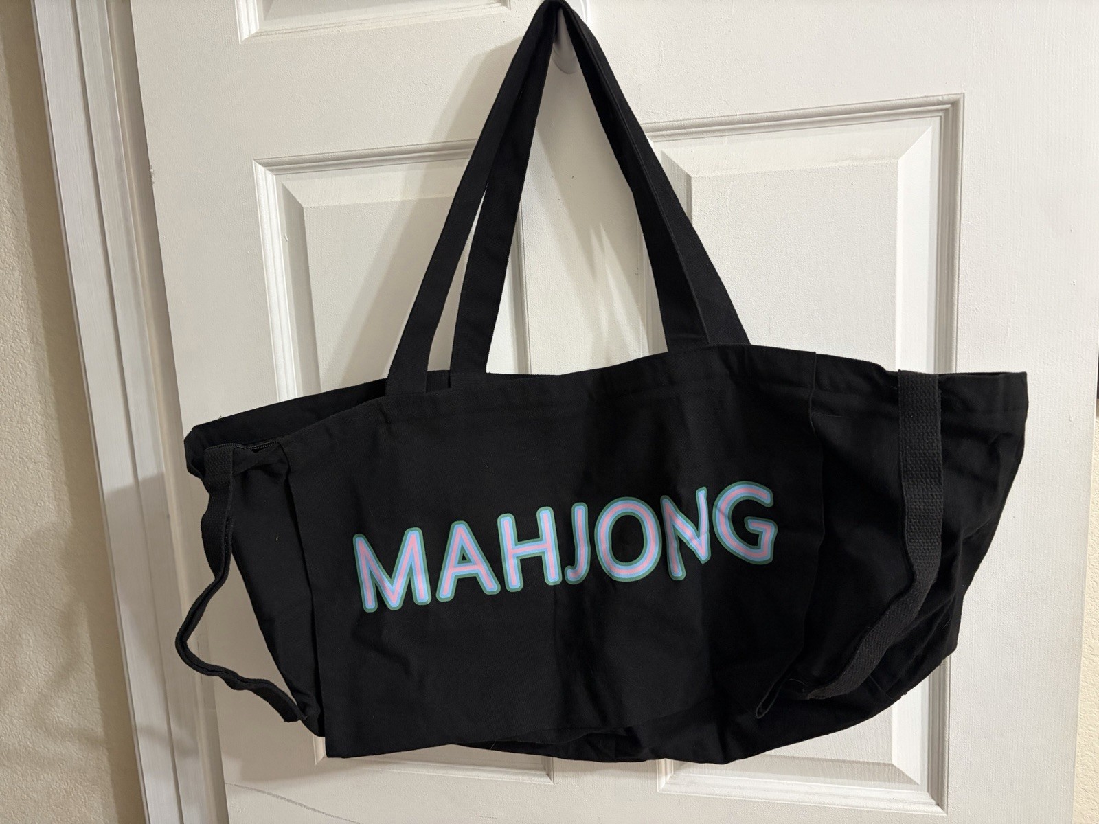 Black MAHJONG Logo zipper top canvas Tote Bag with Double Handles