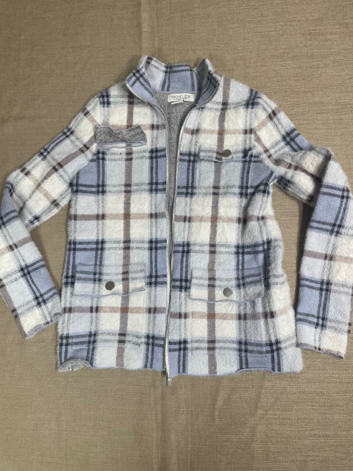Rachel Zoe Zip Up Jacket Soft size small plaid print nylon rayon polyester