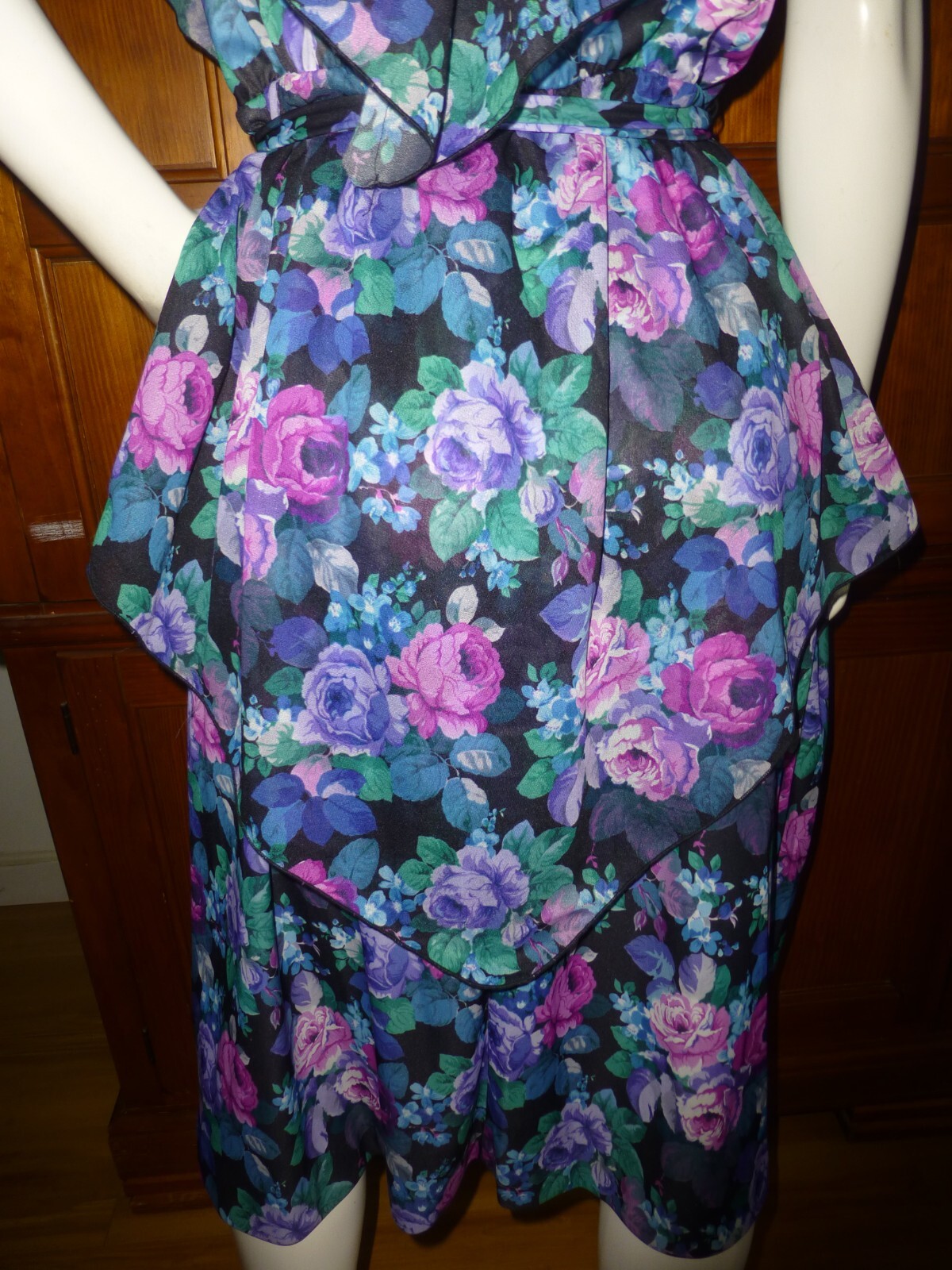 Vtg 80s Silky jersey English rose Print Cape boho Garden belted midi Dress L
