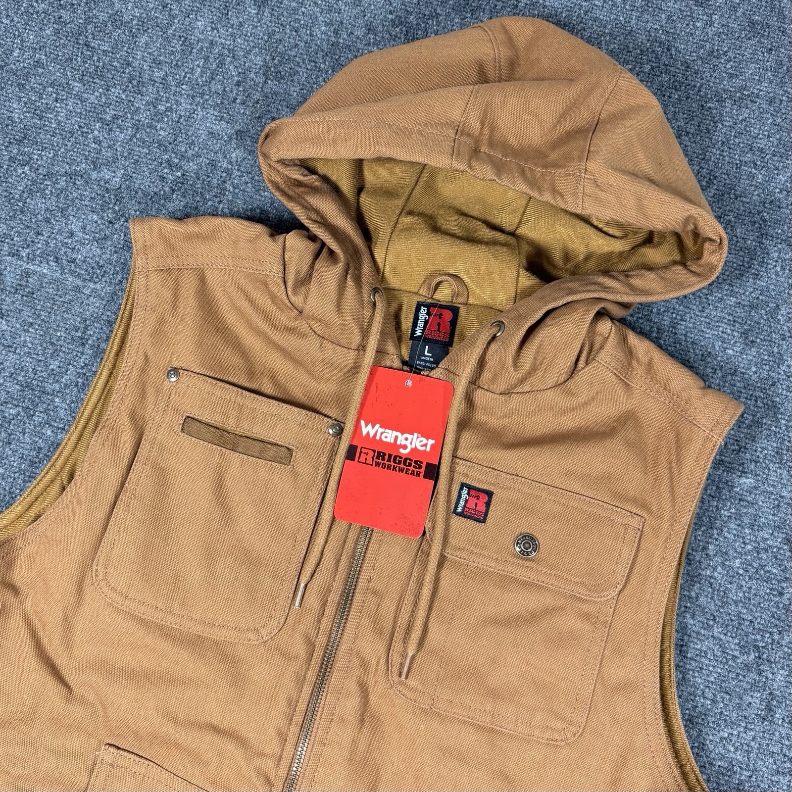 Wrangler RIGGS Workwear Canvas Hooded Duck Vest Large Brown Insulated Utility