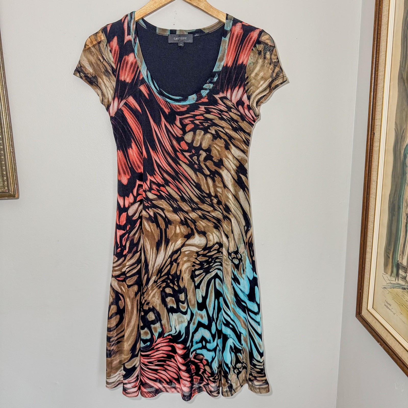 Vtg Y2K Karen Kane Abstract Animal Print Nylon Mesh Midi Dress Whimsigoth Medium