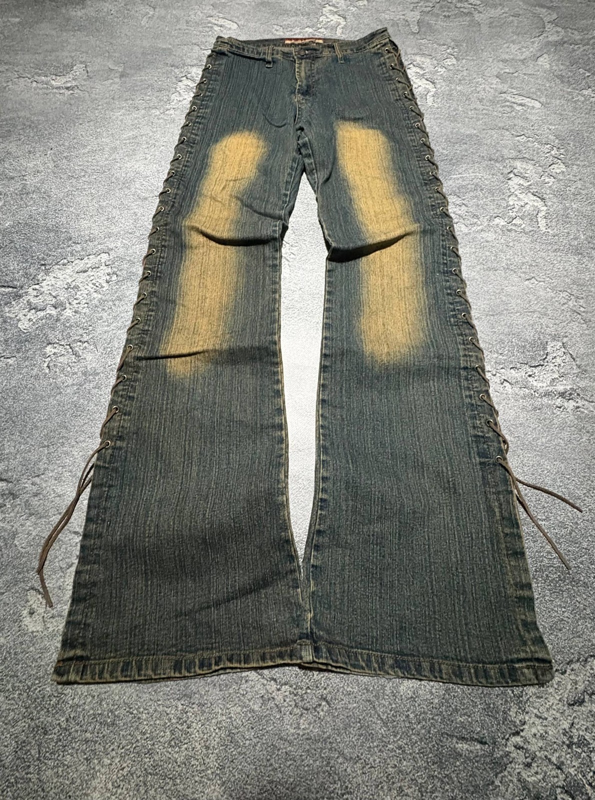 VTG DG type! Jeans Lace Up Sides Flared Leg Denim Sand Washed Y2K Fairy Grunge L