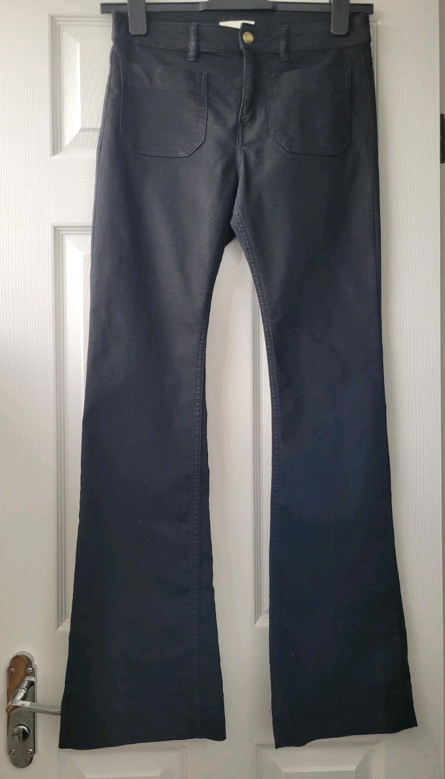 Ladies Size UK 6 Flated Skinny Jeans Black From H&M Pkts Front Inside Leg g 82cm