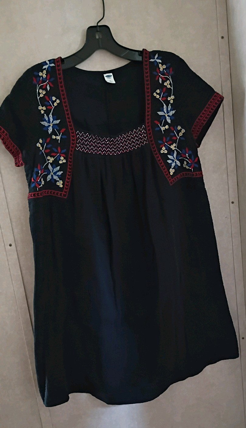 Old Navy Scandi Embroidered Square Neck Cotton Gauze Black Dress Womens Size M