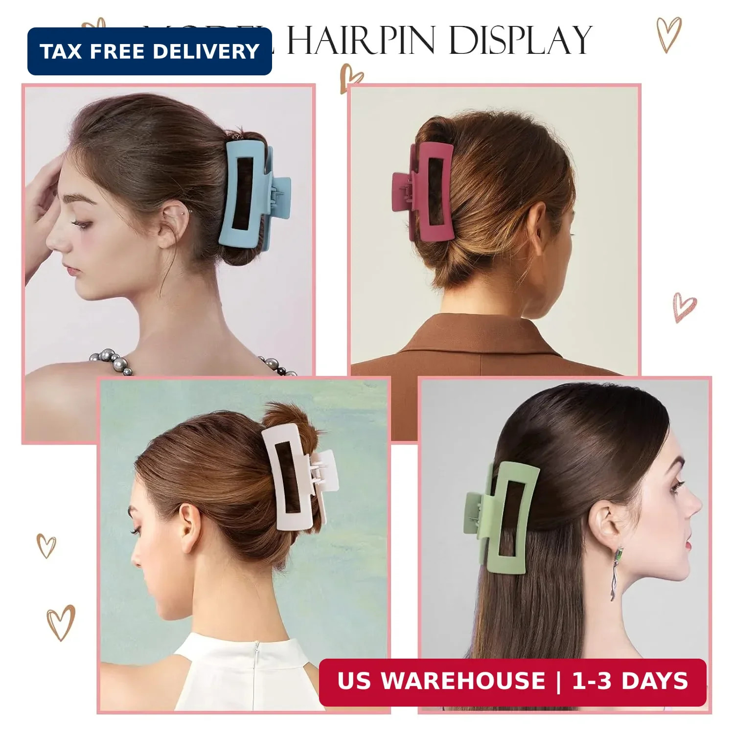 Mandydov 8 Pcs Large Hair Claw Clips 4.1 Inch Non-slip Big Square Matte Claws Le