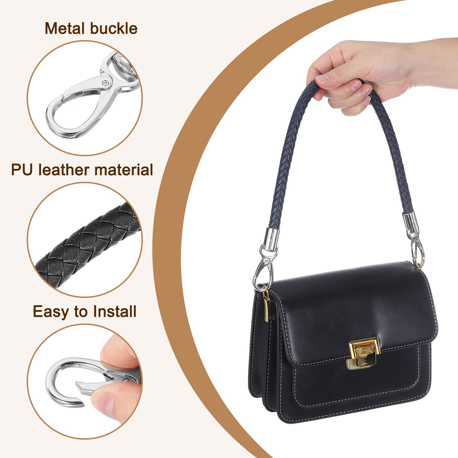 2Pcs 60cm Short Leather PU Braided Purse Replacement Black Silver