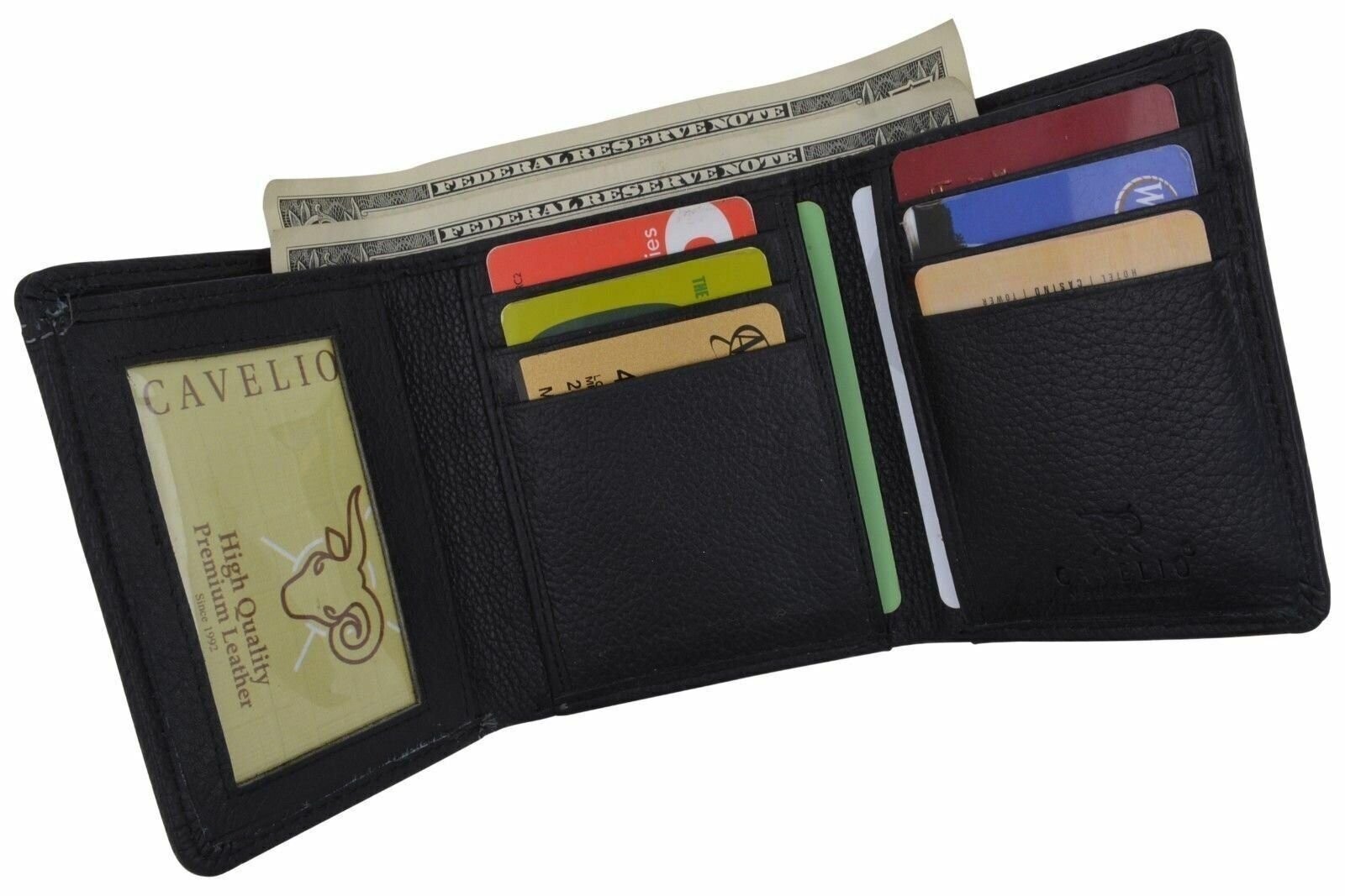 Black Trifold Mens Leather Design Wallet Credit Card & ID Window W/ Bill Pockets