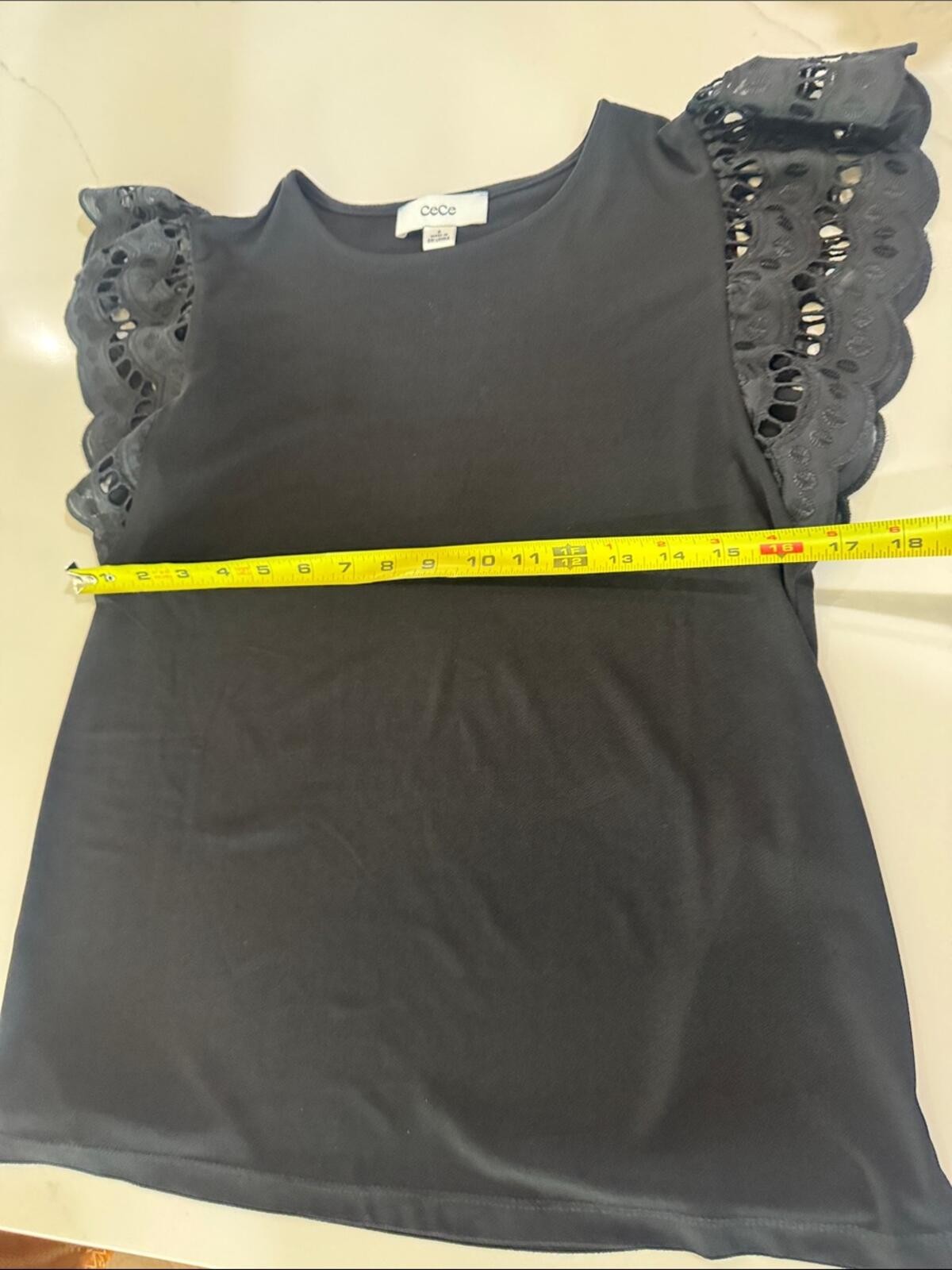 CeCe Black Eyelet Lace Flutter Sleeve Top Size SM Boho Top Summer and Spring