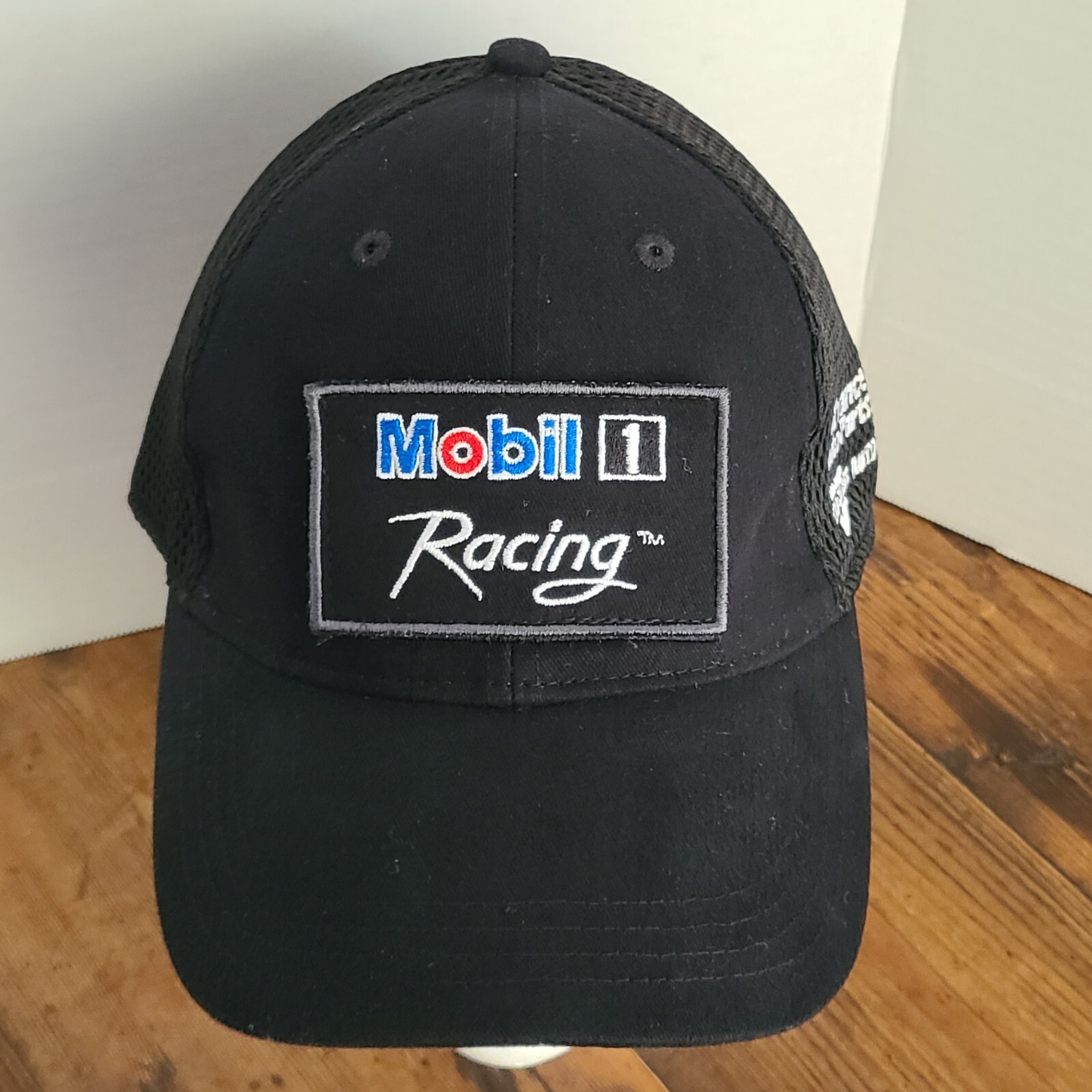 Mobil 1 Black Cap Adjustable Strap Back Hat Red White Blue Embroidered Letters
