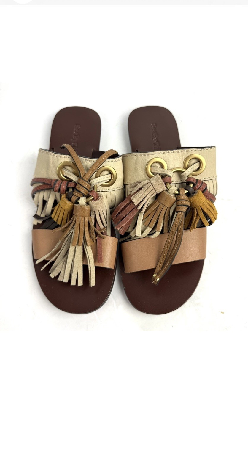 See By Chloe Tania Sandals 38 Tassel Slides Anthropologie Boho Chic Earthy Shoes