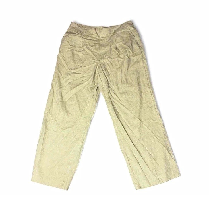 Women’s Beige Linen Pants, Elastic Waist w button & zip, Pockets, belt loop, 14R