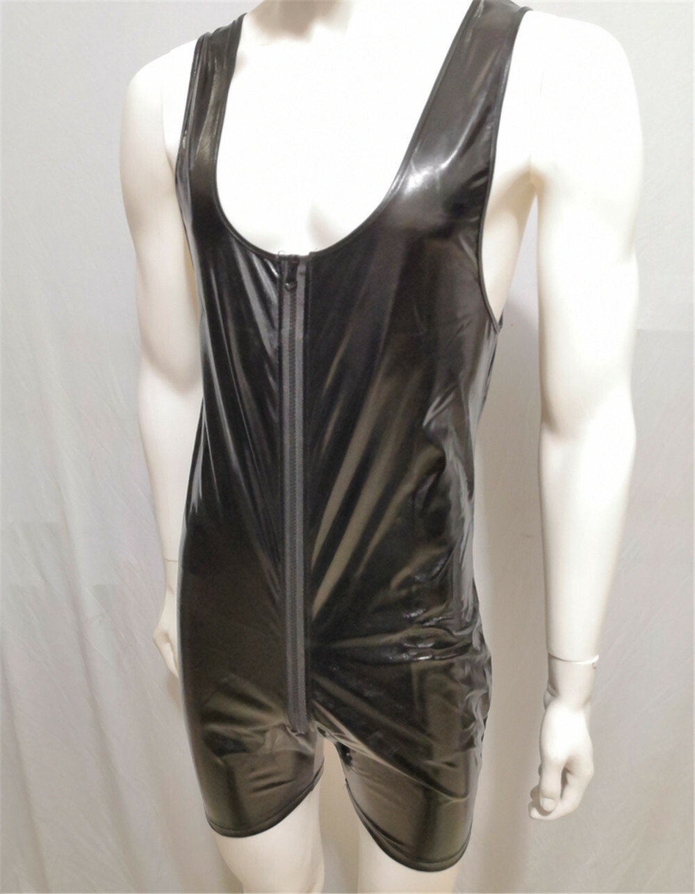Mens PU Leather Zip Crotch Bodysuit Jumpsuit Wrestling Singlet Leotard Shorts