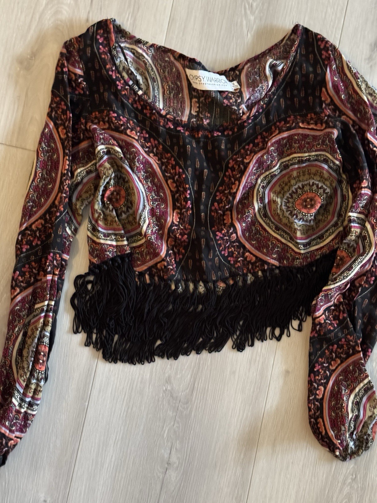 Gypsy Warrior Mandala Print Black Fringe Cropped Top M Hippy Boho Festival