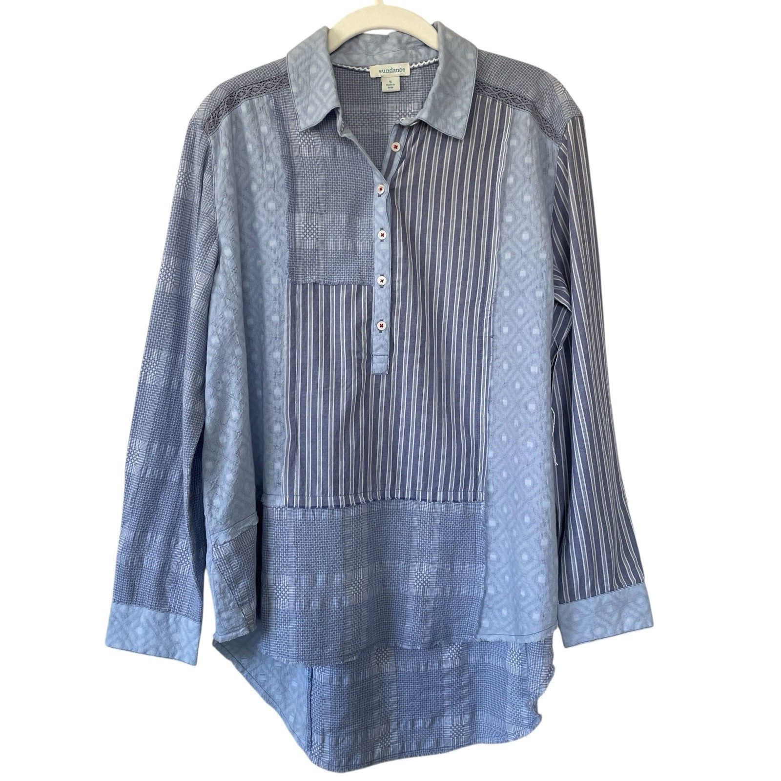 Sundance Mariel Tunic Women’s S Blue Patchwork Long Sleeve Boho Cottagecore NWT