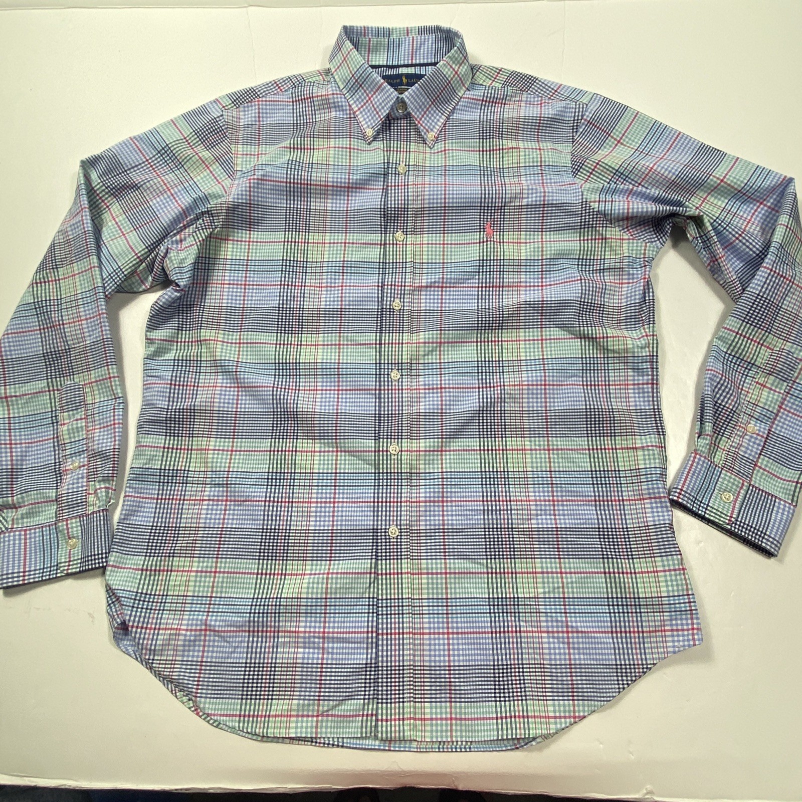 Polo Ralph Lauren Classic Fit Plaid Performance Shirt Nylon Poly Pink Blue Large
