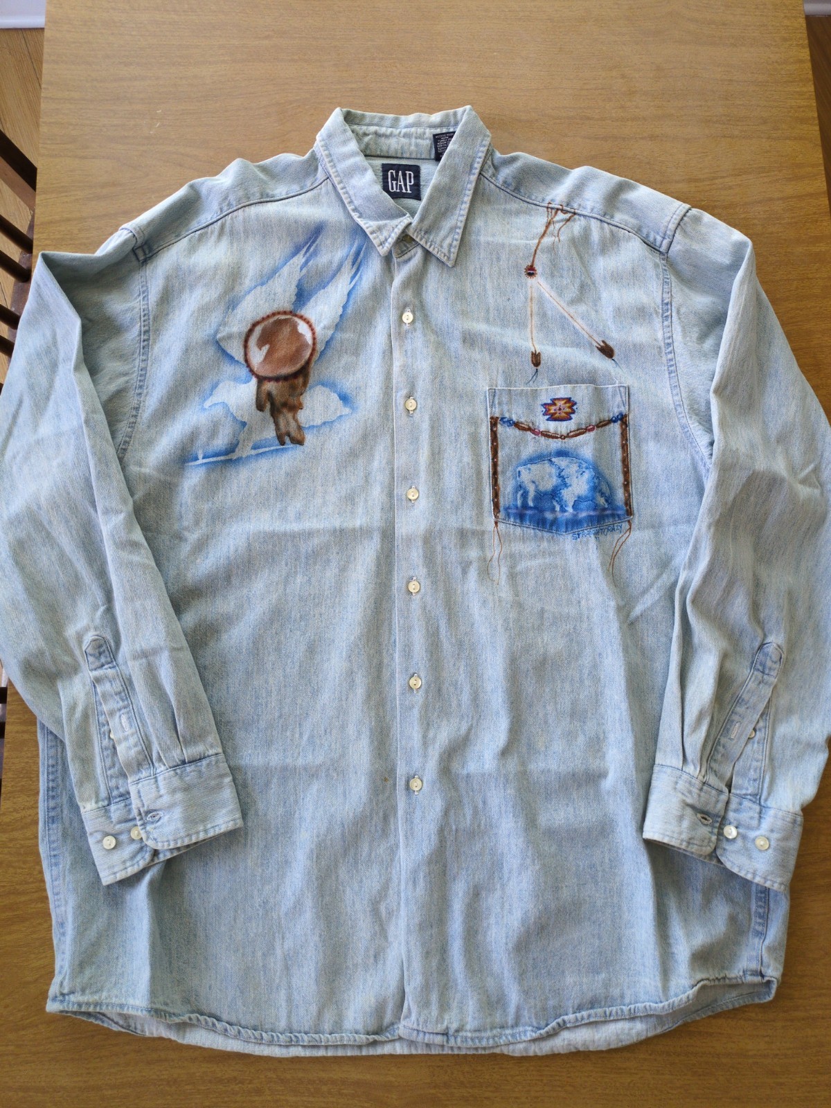 1993 GAP Hand Painted Denim Shirt XXL Vintage USA Made Western Native Art