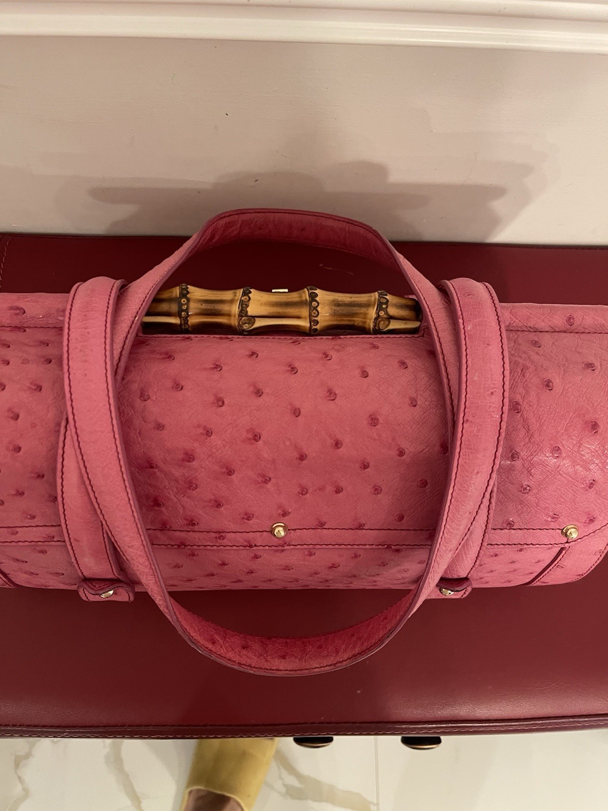 Gucci Ostrich Bullet Bamboo Gold Hardware Turn Lock Closure with Tag
