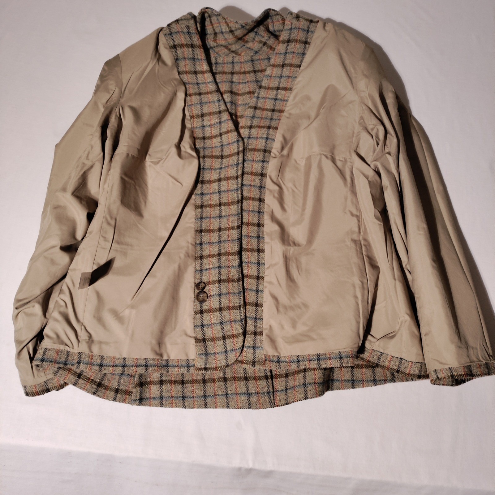 LL Bean Womens Plaid Wool Silk Blend 3-Button Blazer Jacket Brown Tan Sz 1X