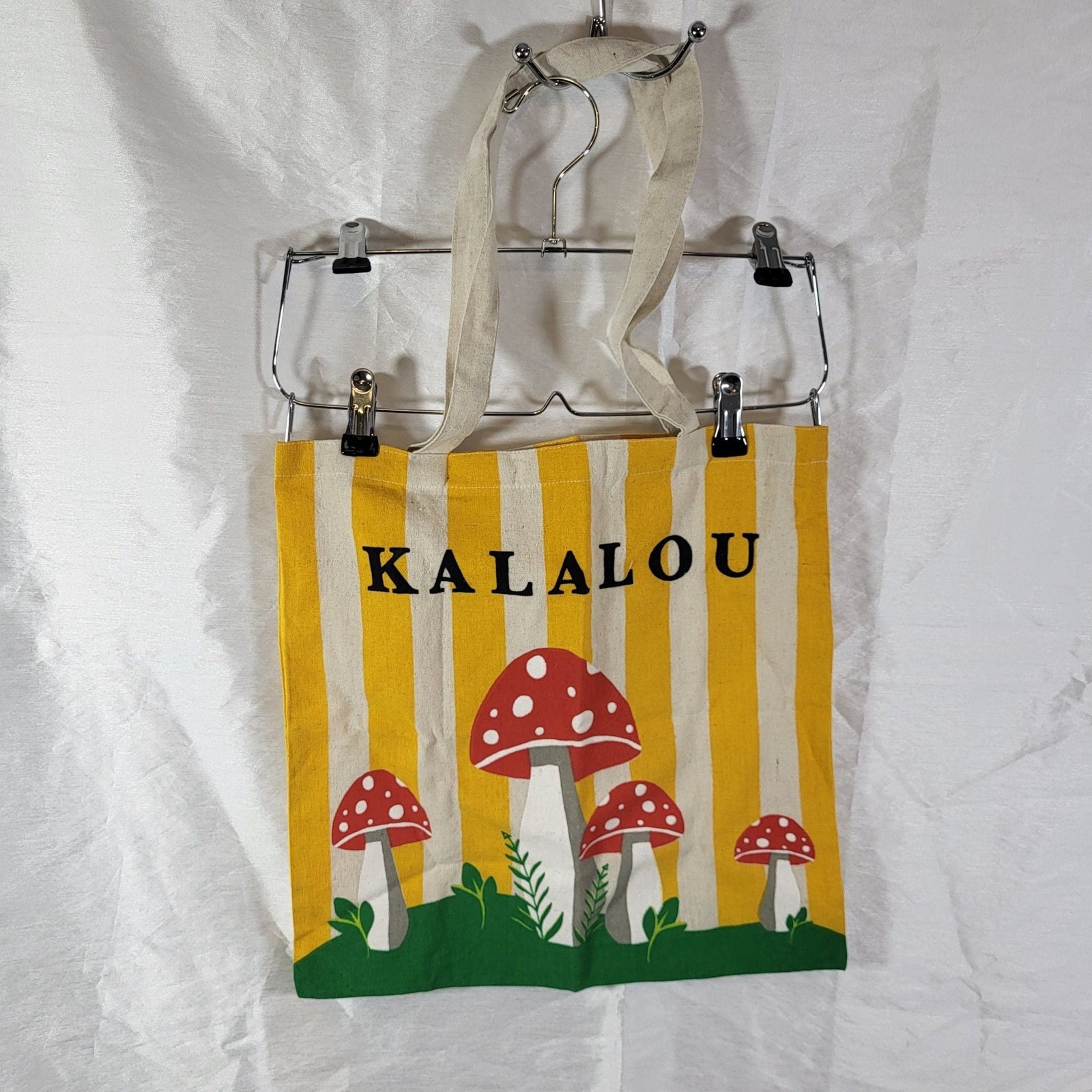 Vintage Kalalou Yellow and White Striped Canvas Tote Bag with Mushroom Print