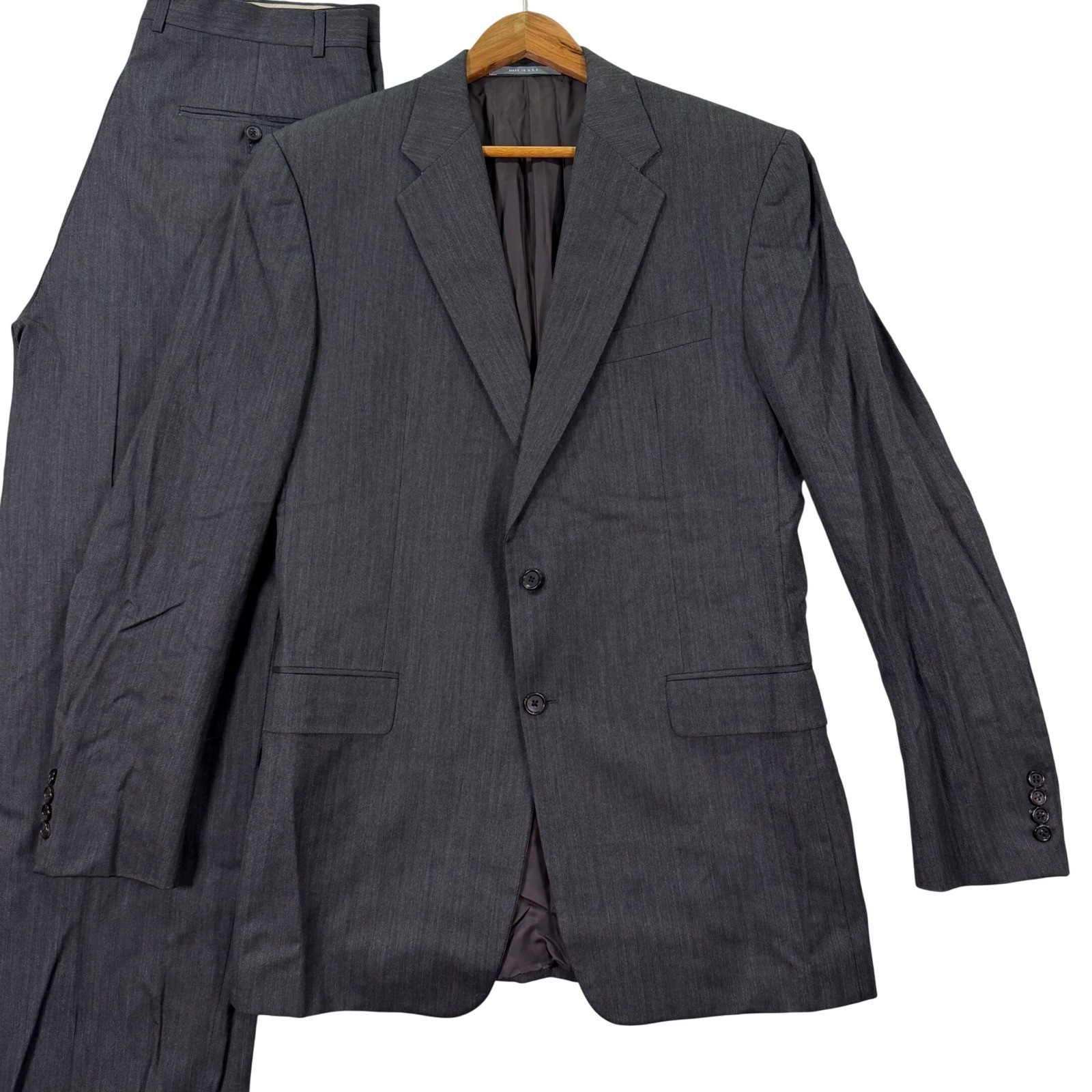 Hickey Freeman Men 40XL Slim Fit Madison Suit Grey Herringbone Wool 34×32 USA