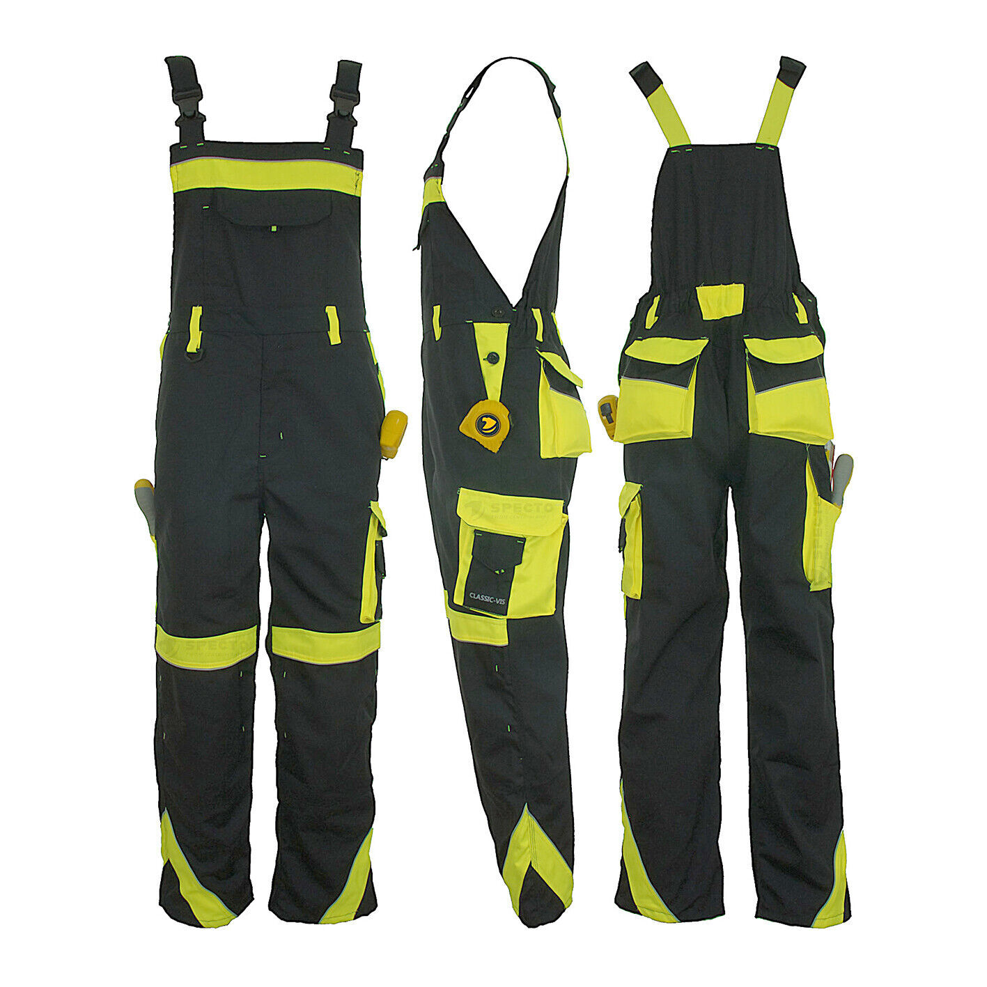 Men’s Work Trousers VIS Grey-Yellow Bib & Brace Overalls Dungarees Multi Pocket