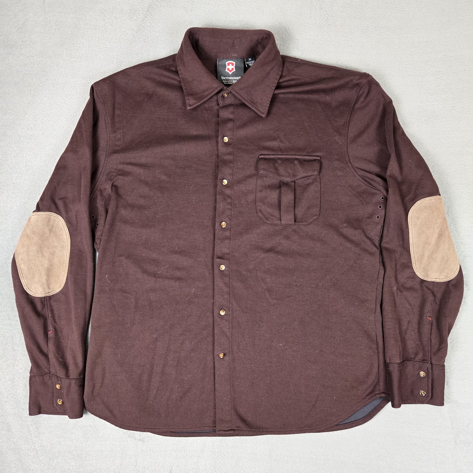 Victorinox Shirt Mens XL Maroon Flannel Button Up Elbow Patches Collared Preppy
