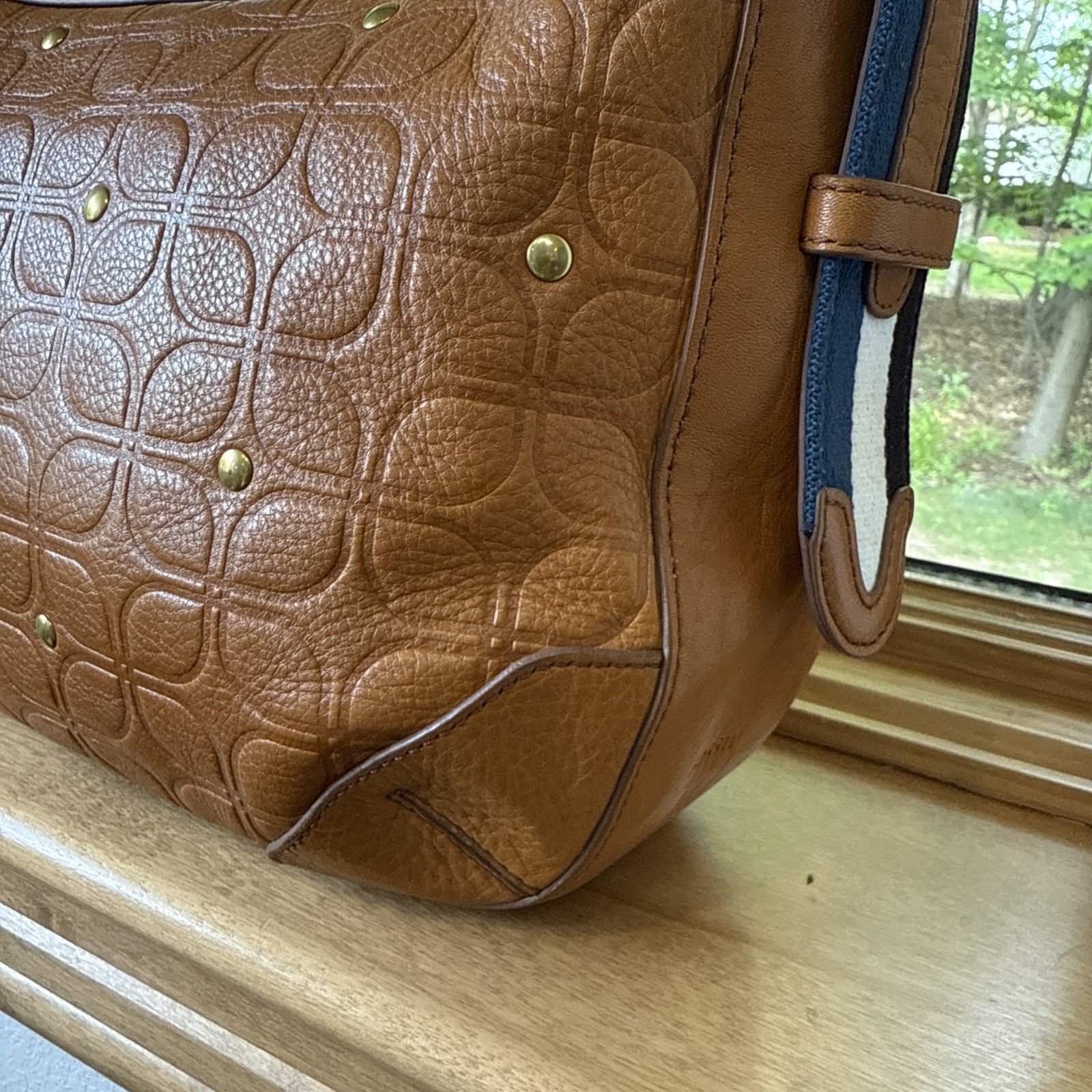 Fossil Hannah Signature Hobo Shoulder Bag Camel Tan Embossed Leather Brass