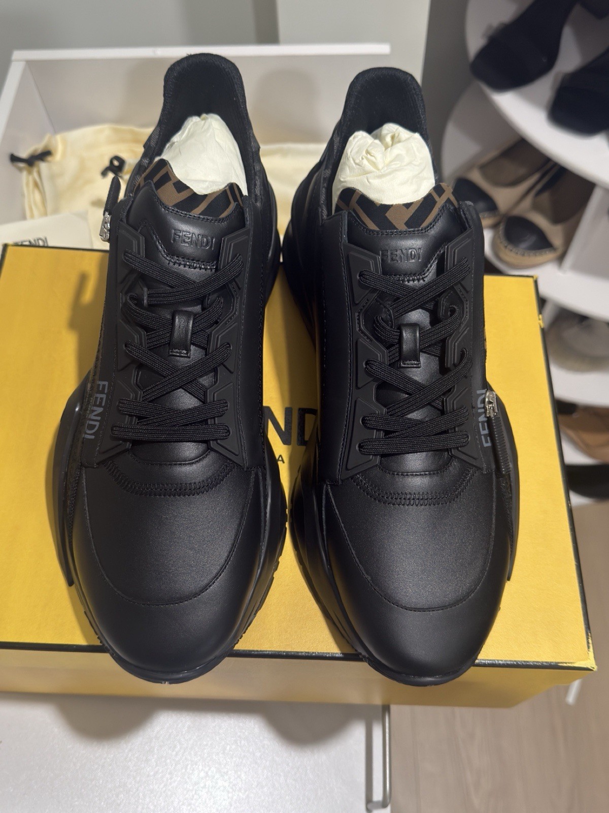 FENDI Flow Vitello Leather & Tonal Logo Jacquard Sneakers (New & Authentic)