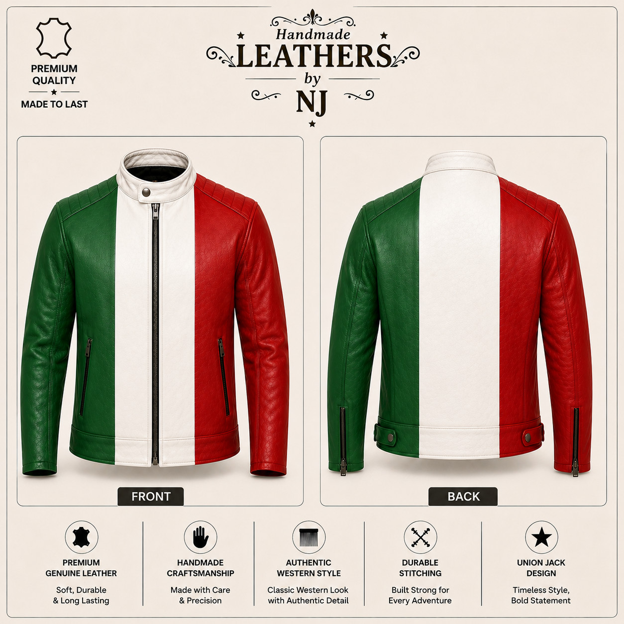 Italian Flag Leather Jacket, Union Jack Leather Coat, Men Women Vintage